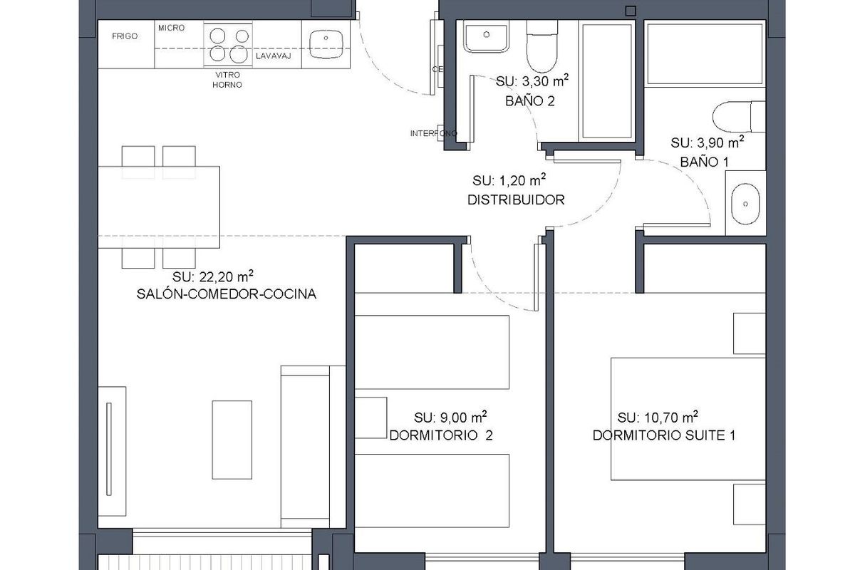 Plattegrond van een appartement met 2 slaapkamers in Benijofar, met woon- en eetruimtes en terras.