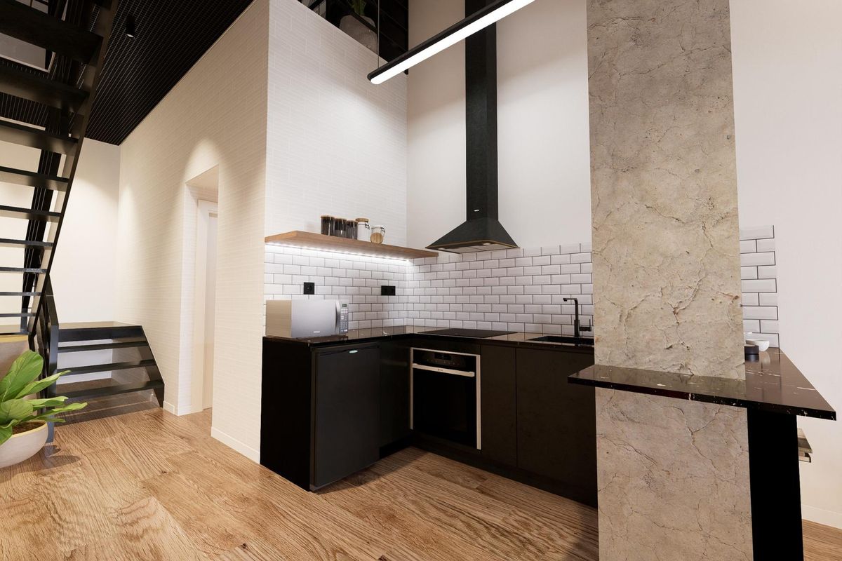 Moderne keuken met stijlvolle accessoires in een 1-slaapkamer appartement in Alicante, Spanje.