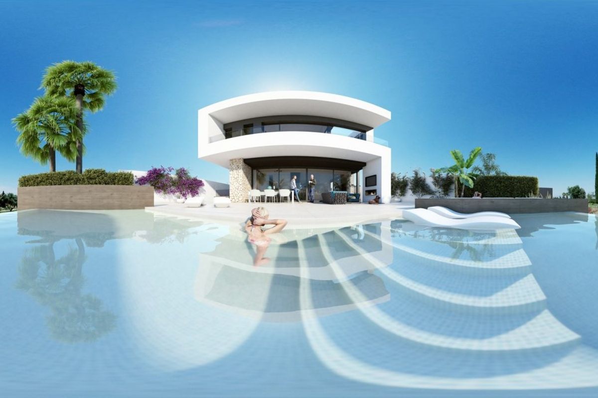 Uitzicht op het zwembad van de 3-slaapkamer villa in Algorfa, Costa Blanca Zuid, met weerspiegelde lucht en ligzones.
