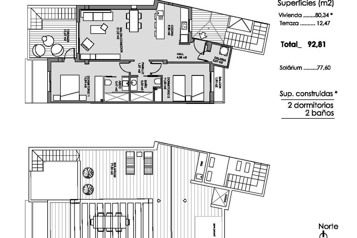 Plattegrond van de 2-slaapkamer penthouse, met ruime woonruimtes en terras in Guardamar del Segura.
