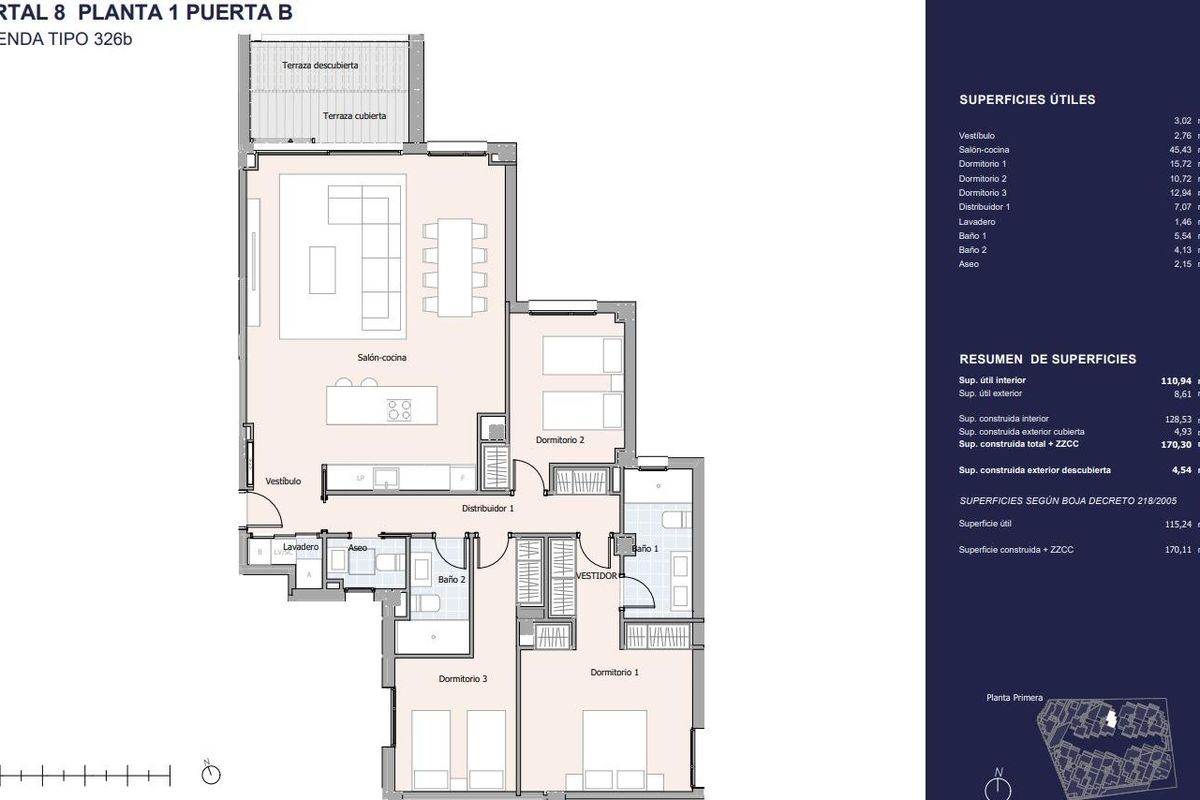Plattegrond van een 3-slaapkamer appartement in Marbella, Costa del Sol, met kamerindeling en afmetingen.