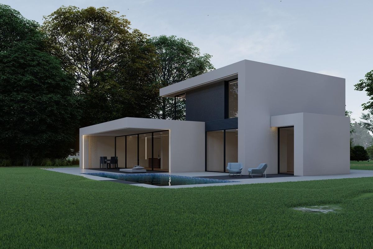 Stylish side view of the contemporary villa in Pinoso featuring a pool and landscaped garden.