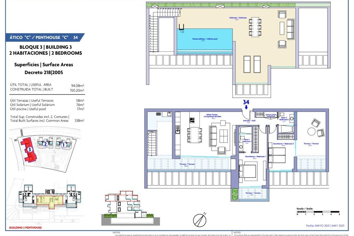Plattegrond van een 2-slaapkamer penthouse in Estepona, Costa del Sol, met lay-out en ontwerp.