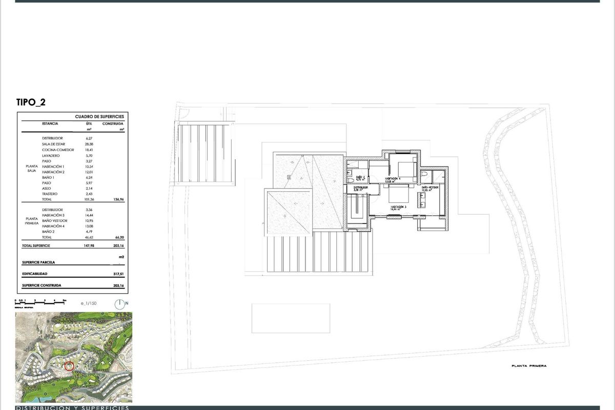 Architectonisch plan van een villa in Mojacar, met indeling en belangrijke afmetingen.
