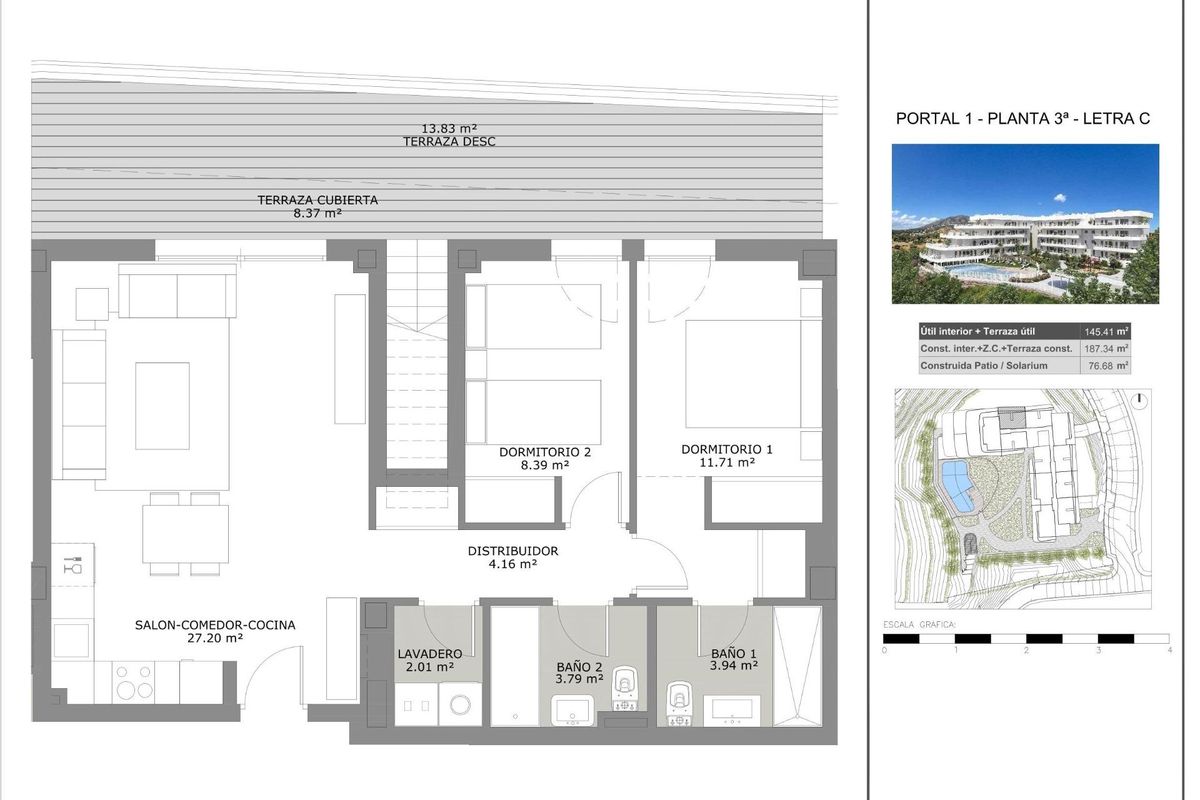 Plattegrond van een 2-slaapkamer penthouse in Fuengirola, die indeling en ontwerp van de ruimte toont.