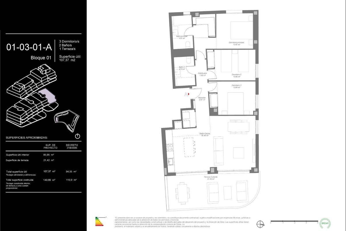 Plattegrond voor 3-slaapkamerappartement in Mijas, toont kamers met 107,37 vierkante meter bruikbare ruimte en terras