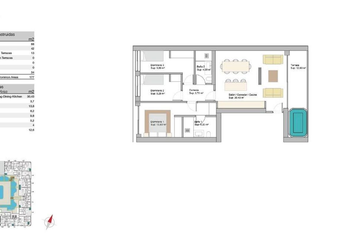 Gedetailleerde plattegrond van een 3-slaapkamer appartement in San Pedro De Alcantara, met indeling en afmetingen.