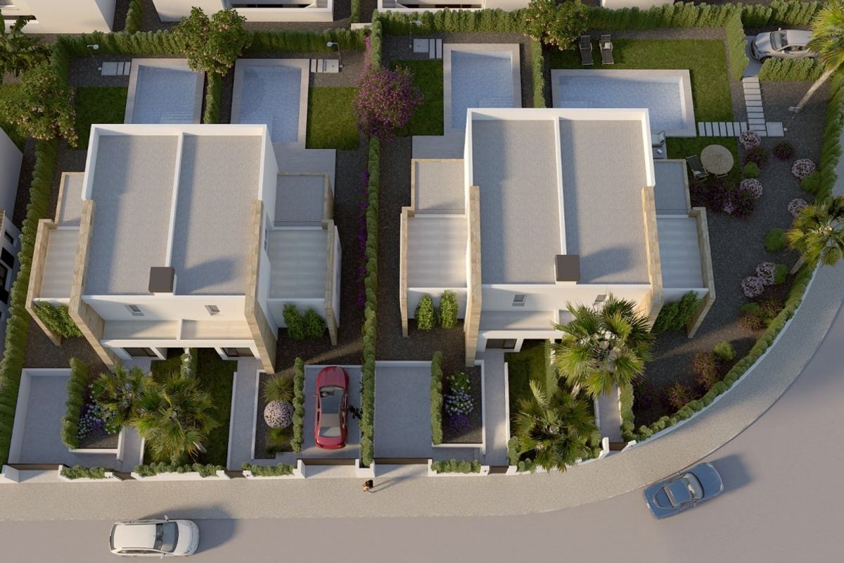 Luchtfoto van 3-slaapkamer townhouses met tuinen en indeling in Algorfa, Costa Blanca Zuid, Spanje.