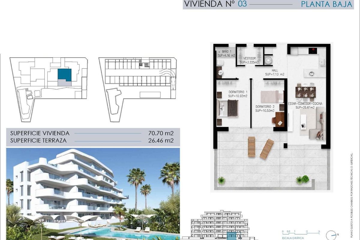 Exterieur van een moderne begane grond appartement met 2 slaapkamers in Pilar de La Horadada, omgeven door palmbomen.