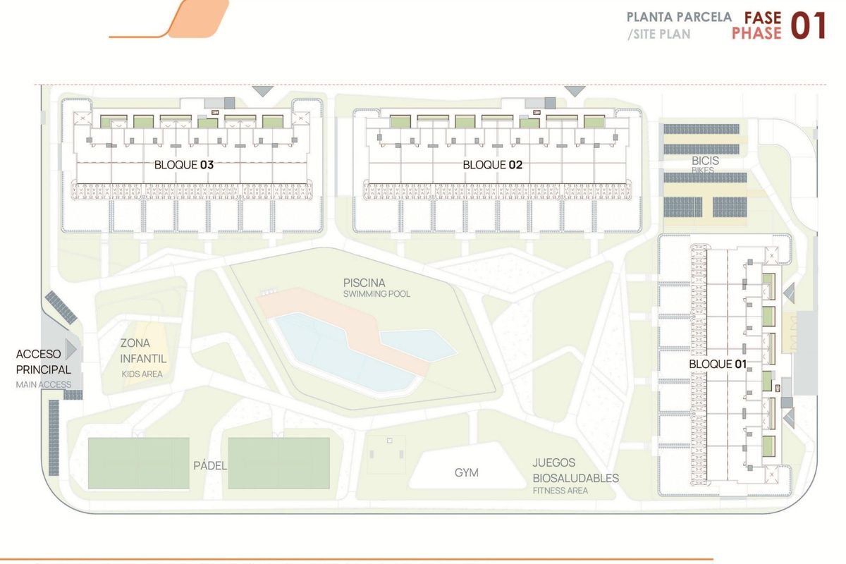 Situatieplan van het woongebied met zwembaden, speelruimtes en fitnessfaciliteiten in Torrevieja.