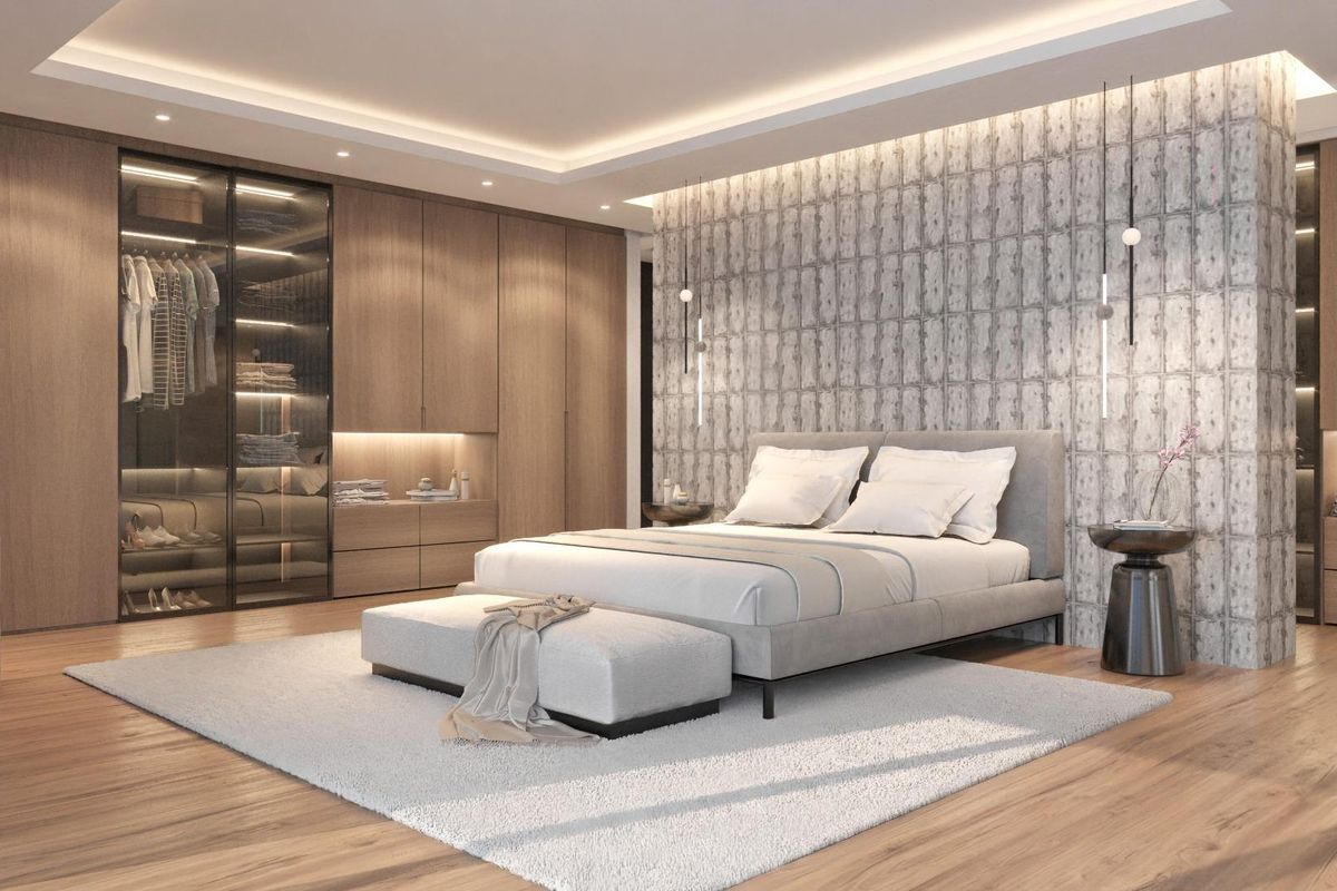 Stijlvolle master bedroom in een 6-slaapkamer villa in Benahavís met moderne inrichting en veel natuurlijk licht.