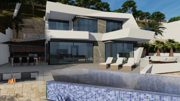 Buitenkant van een moderne villa met 4 slaapkamers en een zwembad in Calpe, Costa Blanca. Ligstoelen bij het zwembad.