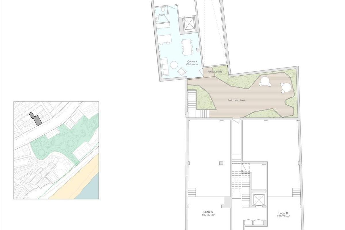 Begane grond plattegrond van een 3-slaapkamer appartement, met nadruk op buitenruimtes in Villajoyosa, Spanje.