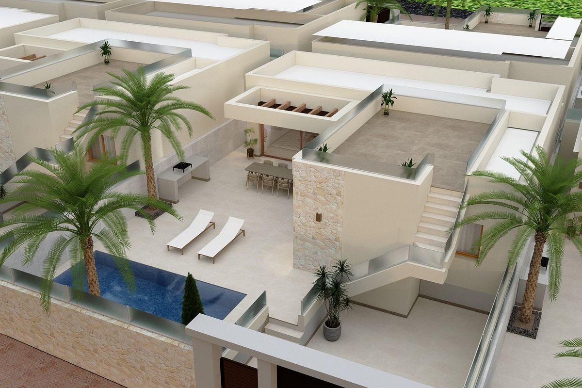 Luchtfoto van het villa complex met zwembad en terrassen in Ciudad Quesada, Costa Blanca Zuid.