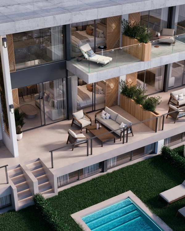 Buitenzicht op een modern 3-slaapkamer appartement in Marbella, met een terras en zwembad.