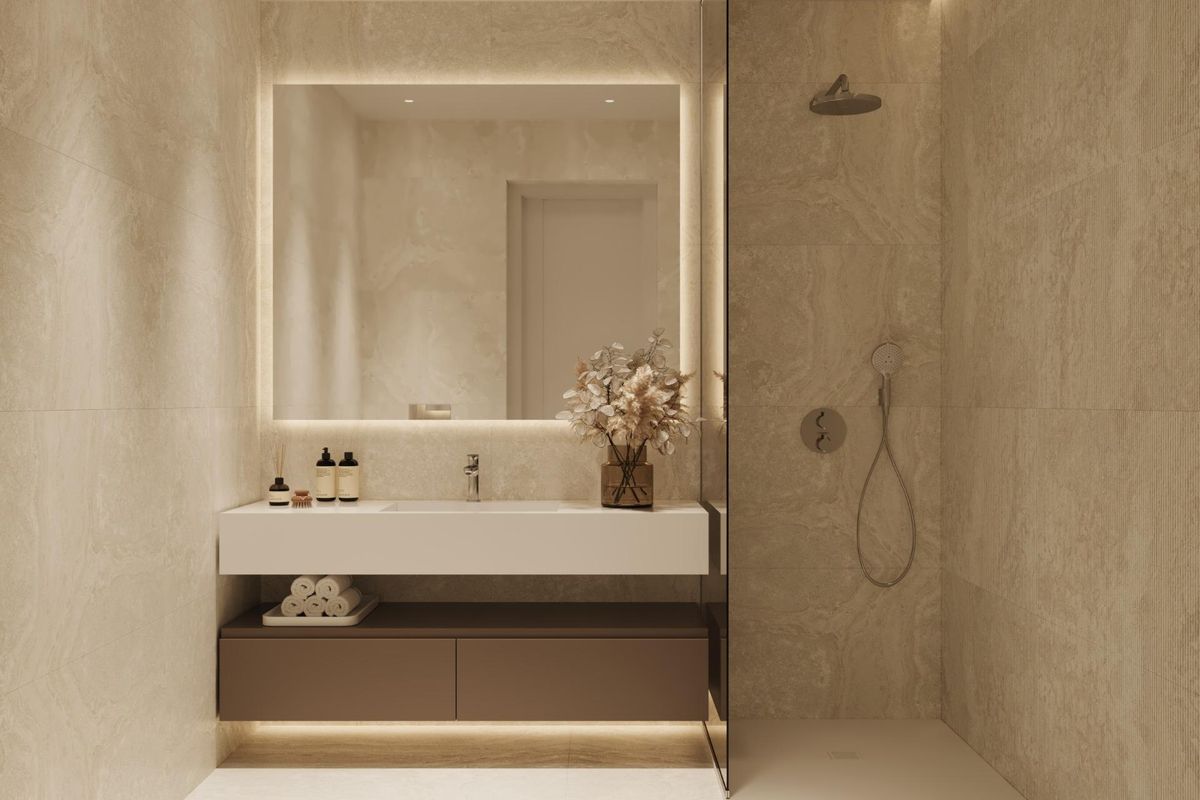 Luxe badkamer met moderne voorzieningen en elegante afwerkingen in een 3-slaapkamer appartement in Estepona.