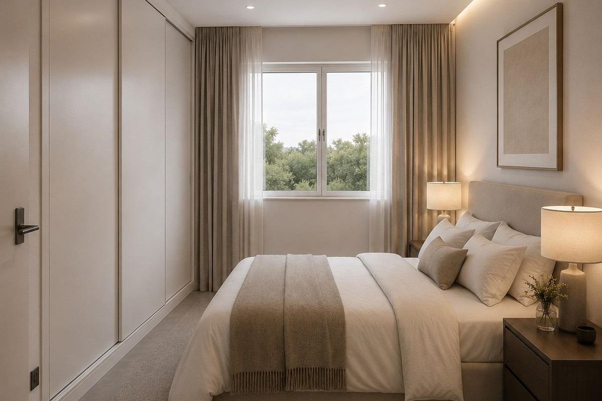 Schlafzimmer mit Blick auf den Pool