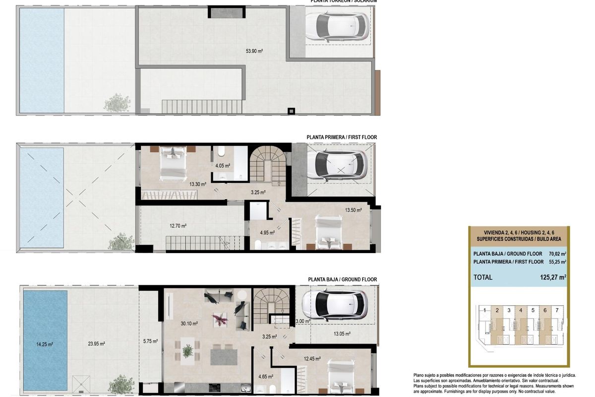 Plattegrond van een 3-slaapkamer town house in San Javier, Costa Calida, inclusief woonruimtes en zwembadindeling.
