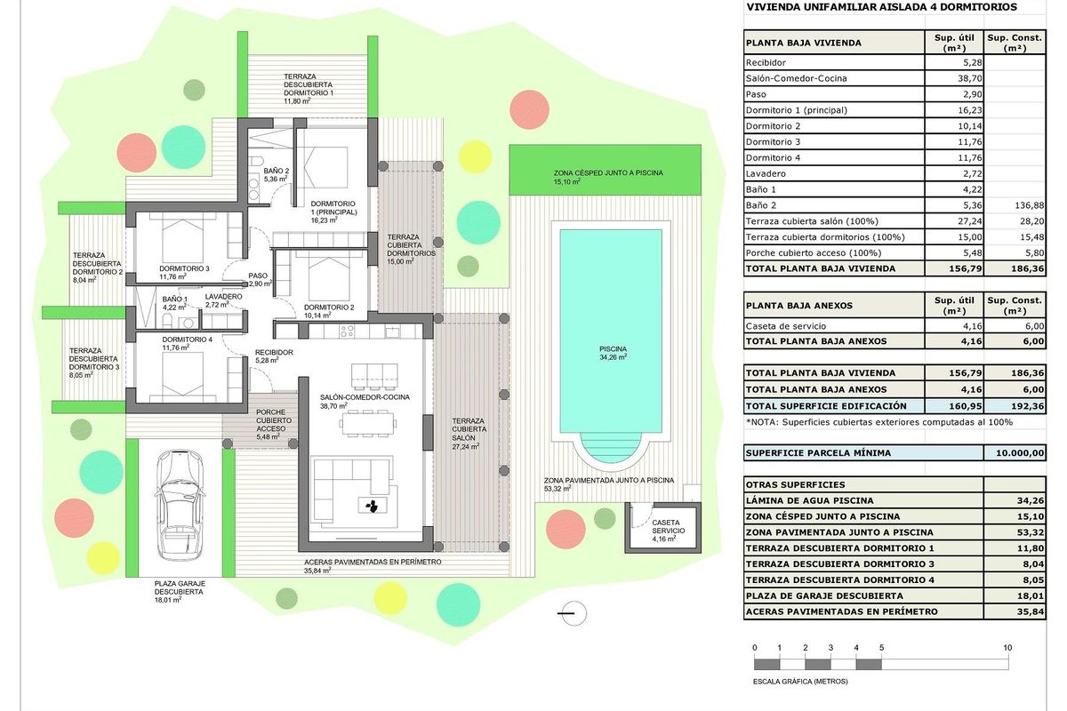 Plattegrond van een 4-slaapkamer villa in Pinoso, Costa Blanca Zuid, met details over kamergroottes.