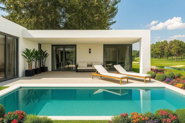 Moderne villa terras met zwembad in Hondón de las Nieves, Costa Blanca Zuid, met ligstoelen.
