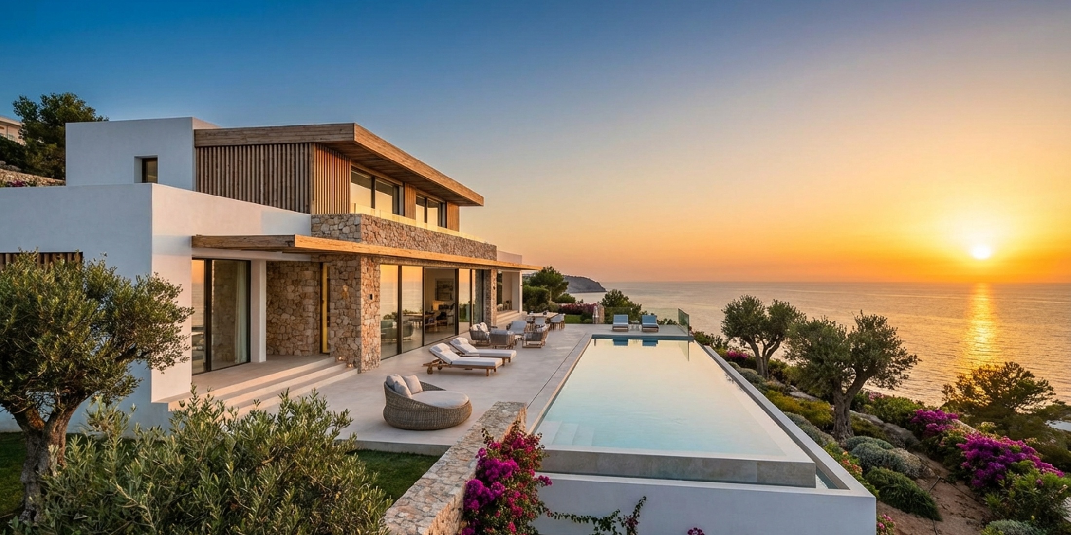 Moderne luxe villa in Spanje met uitzicht op de Middellandse Zee bij zonsondergang