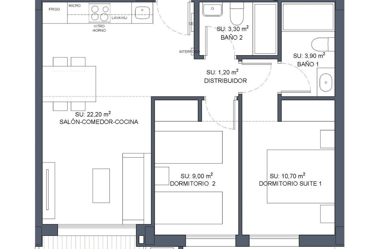 Plattegrond van een 2-slaapkamer appartement in Benijofar, met details van kamers, badkamers en een terras.