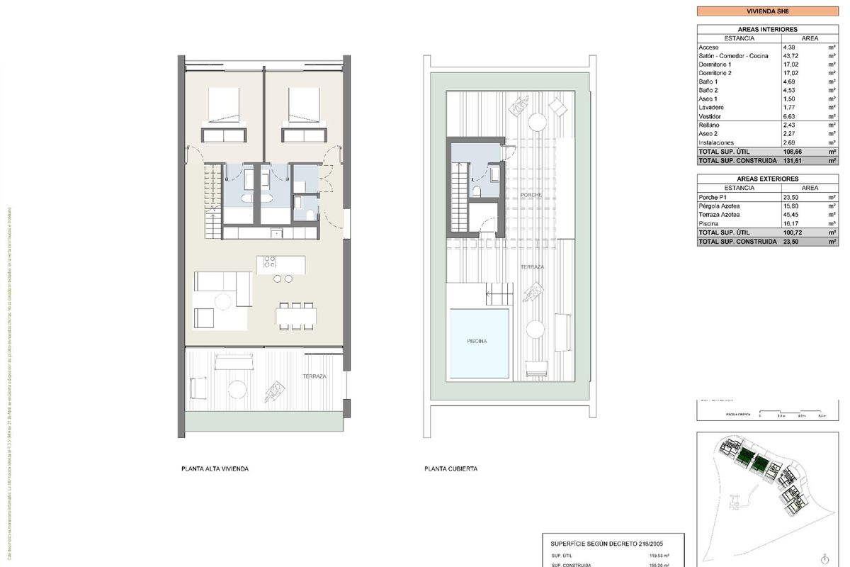 Plattegrond van een moderne bungalow met 2 slaapkamers die de indeling en ruimteverdeling in Marbella toont.
