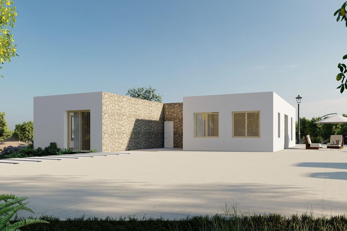 Vooraanzicht van de 4-slaapkamer villa, met oprit en exterieur in Algorfa, Costa Blanca Zuid.