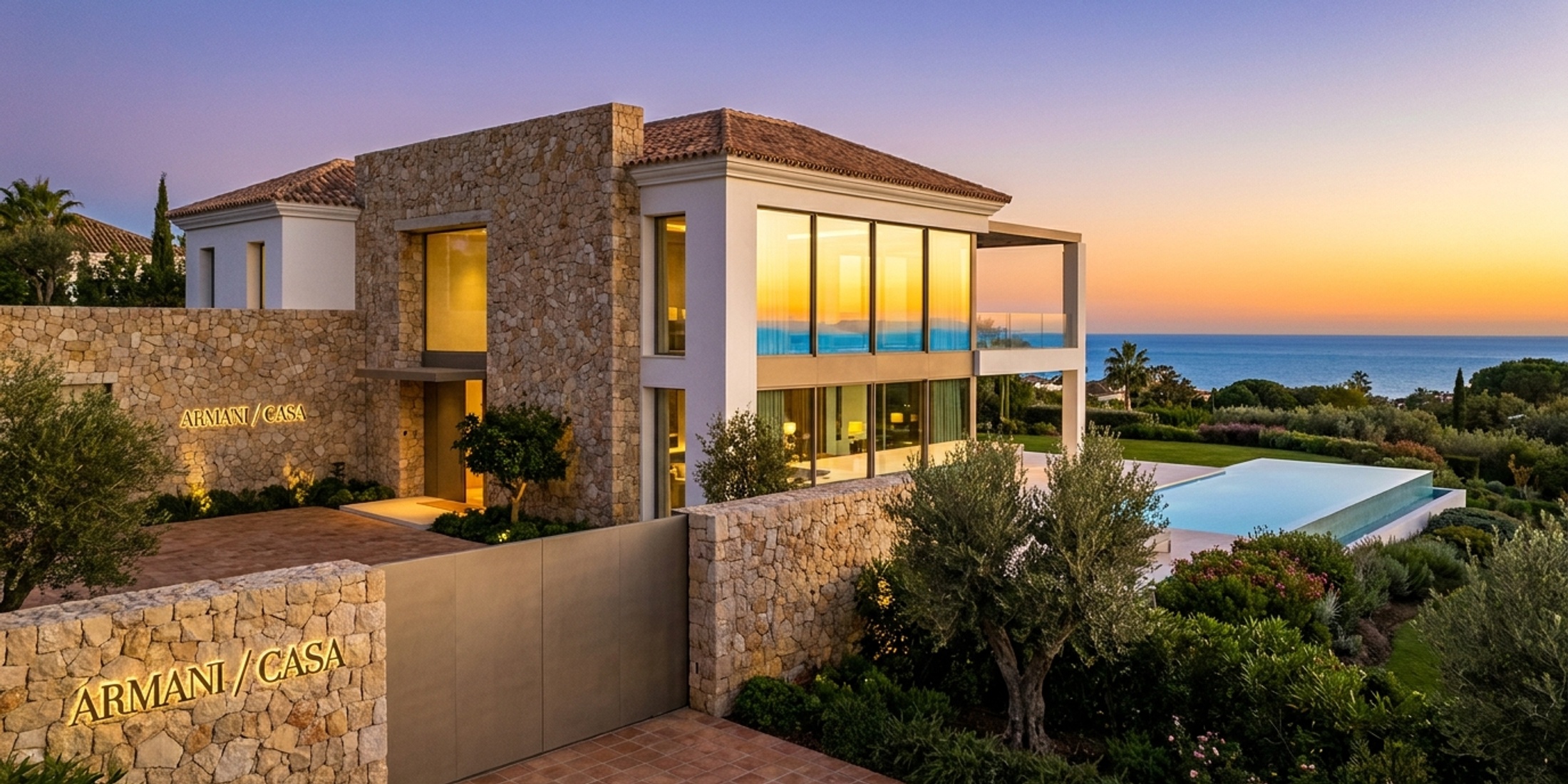 Exterior view of a luxury Armani branded villa in Marbella at sunset