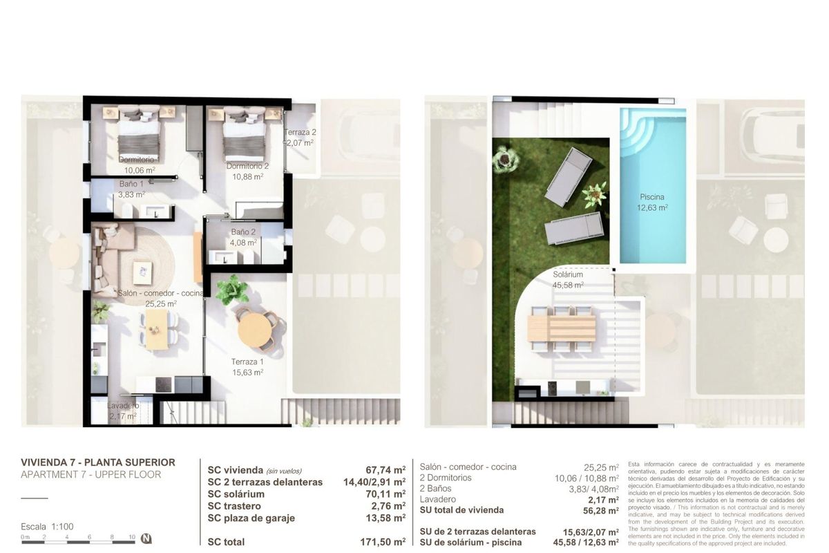 Plattegrond van een 2-slaapkamer bungalow in San Pedro del Pinatar, met details over de indeling en kamergroottes.