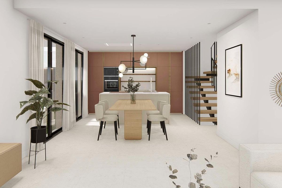 Elegante eetruimte met minimalistische stijl in de bungalow in Dolores, Spanje.