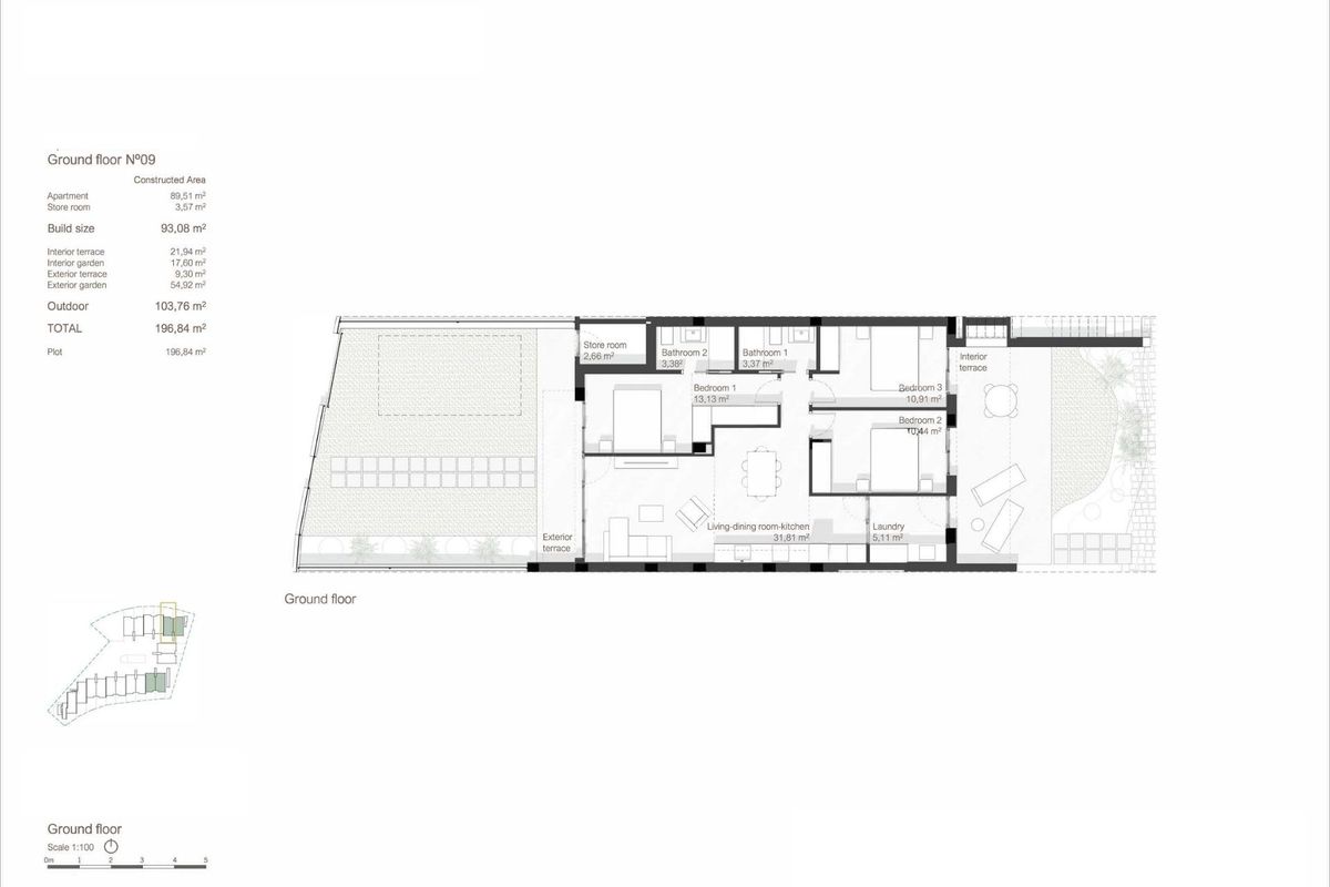 Plattegrond van het begane grond 3-slaapkamer appartement, met indeling en voorzieningen in San Javier.