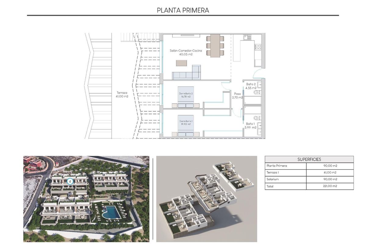 Eerste verdieping plattegrond van een 2-slaapkamer bungalow in Finestrat, Costa Blanca Noord, met kamers en terras.