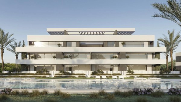 Buitenzicht op een modern appartement met 3 slaapkamers en een zwembad in La Nucia, Costa Blanca Noord, Spanje.