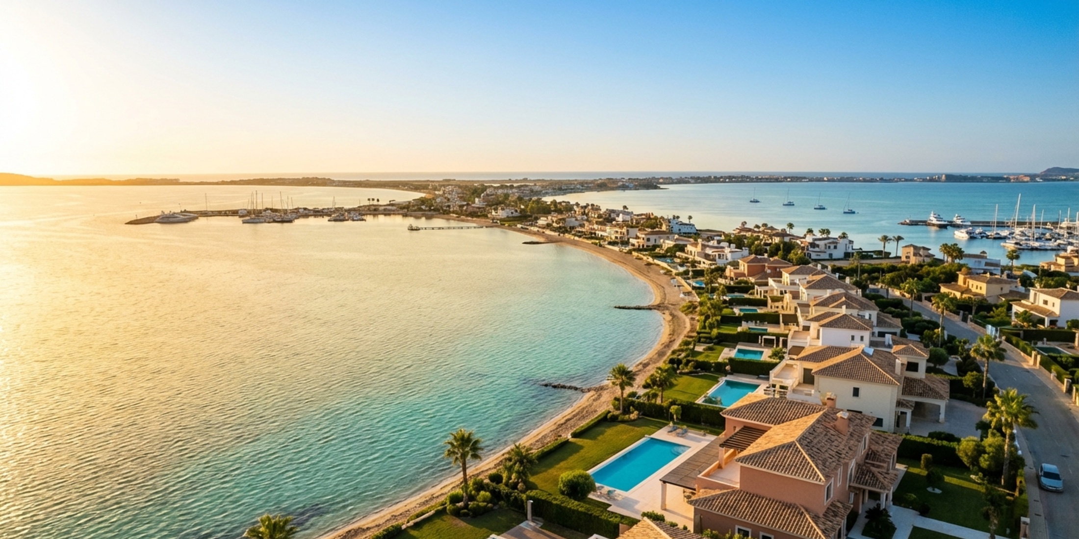 Aerial view of the Mar Menor coastline at sunset