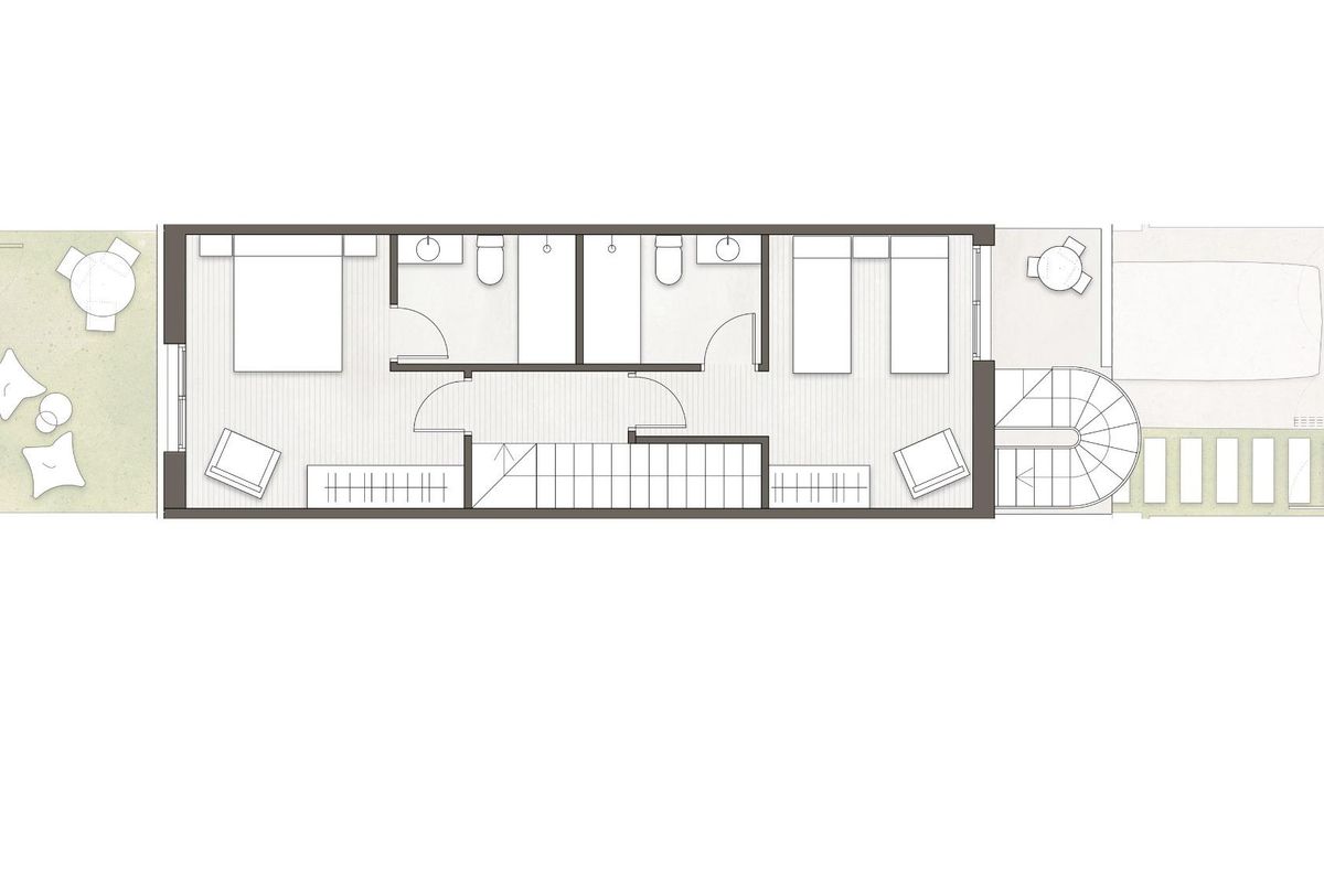 Plattegrond van de bovenverdieping van een 2-slaapkamer herenhuis in Pilar de La Horadada, met details van de kamers.