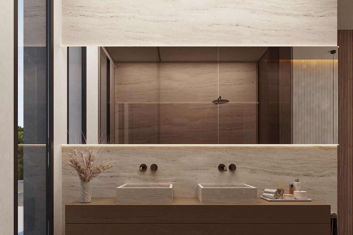 Hedendaags badkamerontwerp in de villa, met dubbele wastafels en elegante afwerkingen in Calpe.