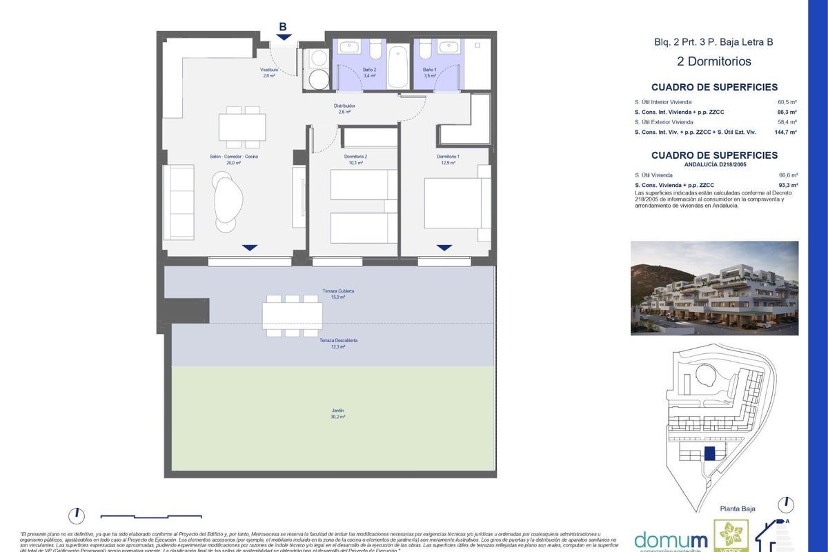 Plattegrond van een 2-slaapkamer appartement in Pulpi, Costa de Almeria, met een indeling van de woonruimtes.