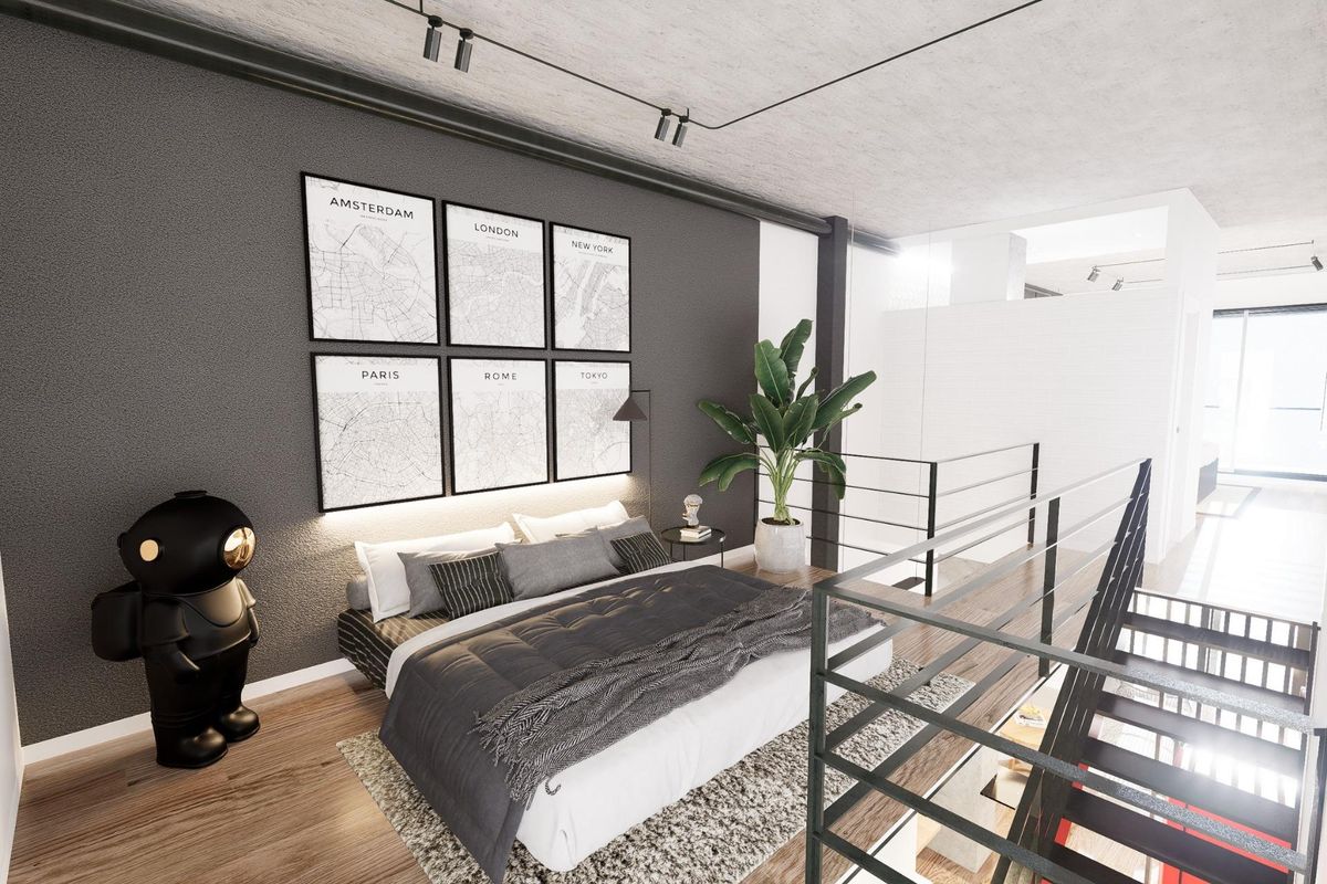 Stijlvolle loft slaapkamer met moderne inrichting, grote ramen en kaarten. Gelegen in Alicante, 1-slaapkamer appartement.