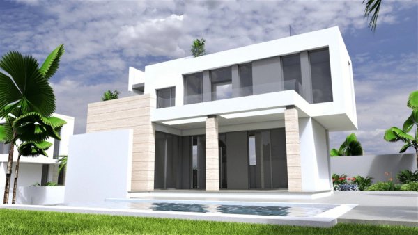 Moderne 3-slaapkamer villa buitenkant in Torrevieja, met een sleek ontwerp en een klein zwembad.