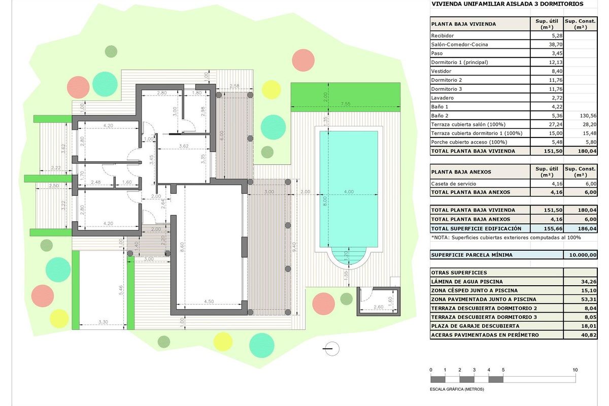 Gedetailleerde plattegrond van een 3-slaapkamer villa in Pinoso, met afmetingen en indeling van woonruimtes.