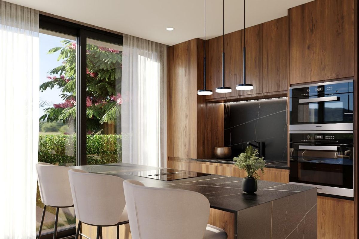 Moderne keuken met strakke inrichting en veel natuurlijk licht in de villa met 3 slaapkamers in Cuevas Del Almanzora.