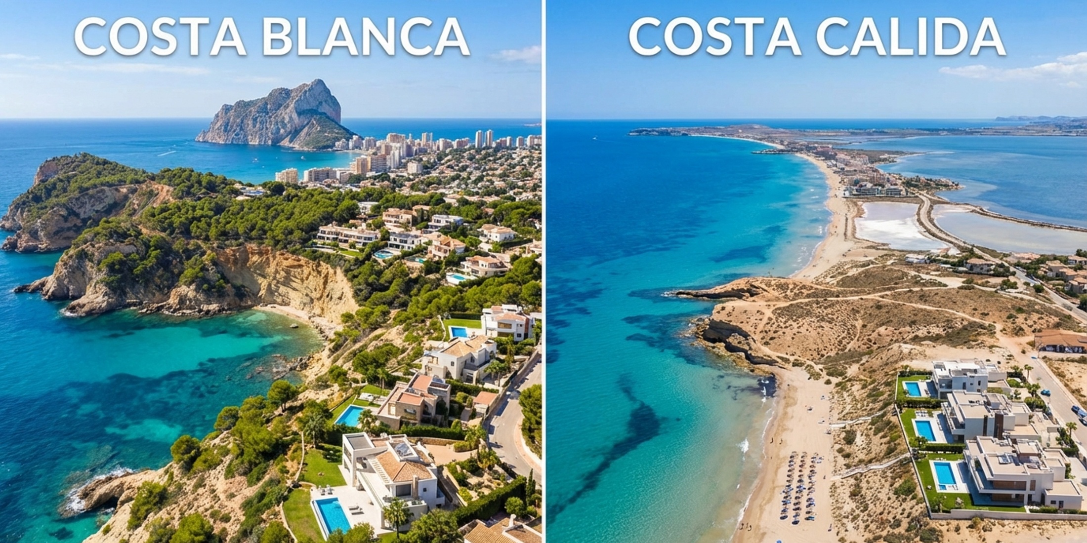 Aerial view comparing the coastlines of Costa Blanca and Costa Calida