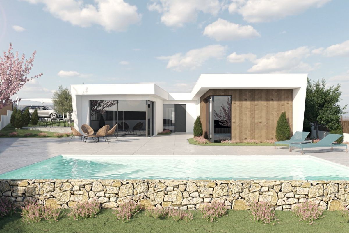 Stijlvolle villa in Baños y Mendigo, die het zwembadgebied en moderne gevels toont.