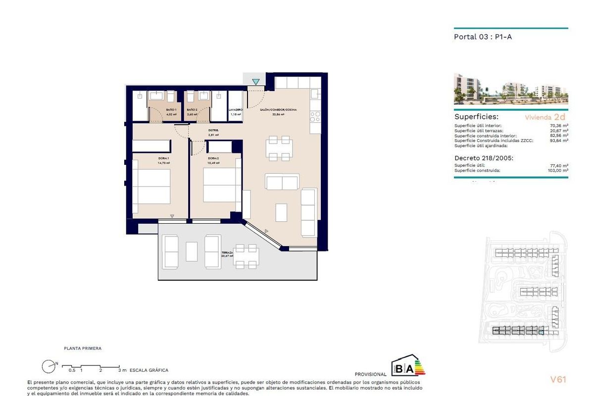 Plattegrond van een 2-slaapkamer appartement in Almerimar met kamerindeling en afmetingen.
