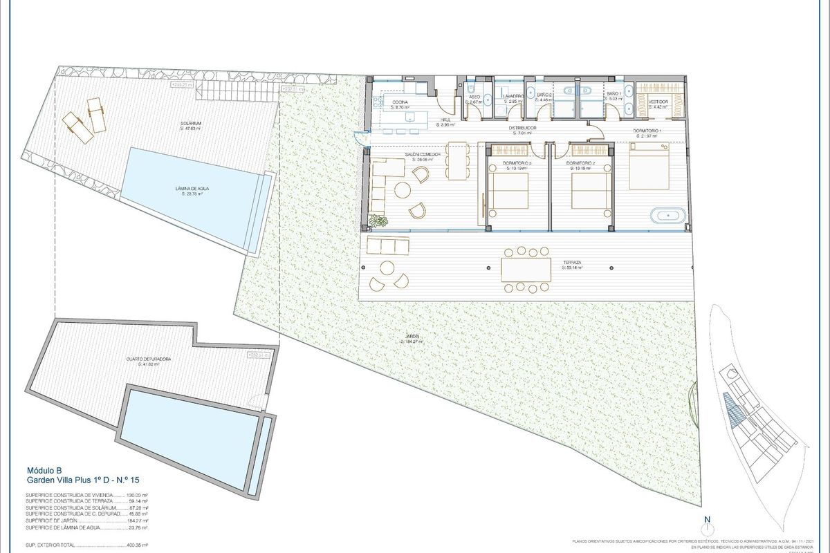Gedetailleerde plattegrond van een 3-slaapkamer tuin villa in Fuengirola, Costa del Sol.