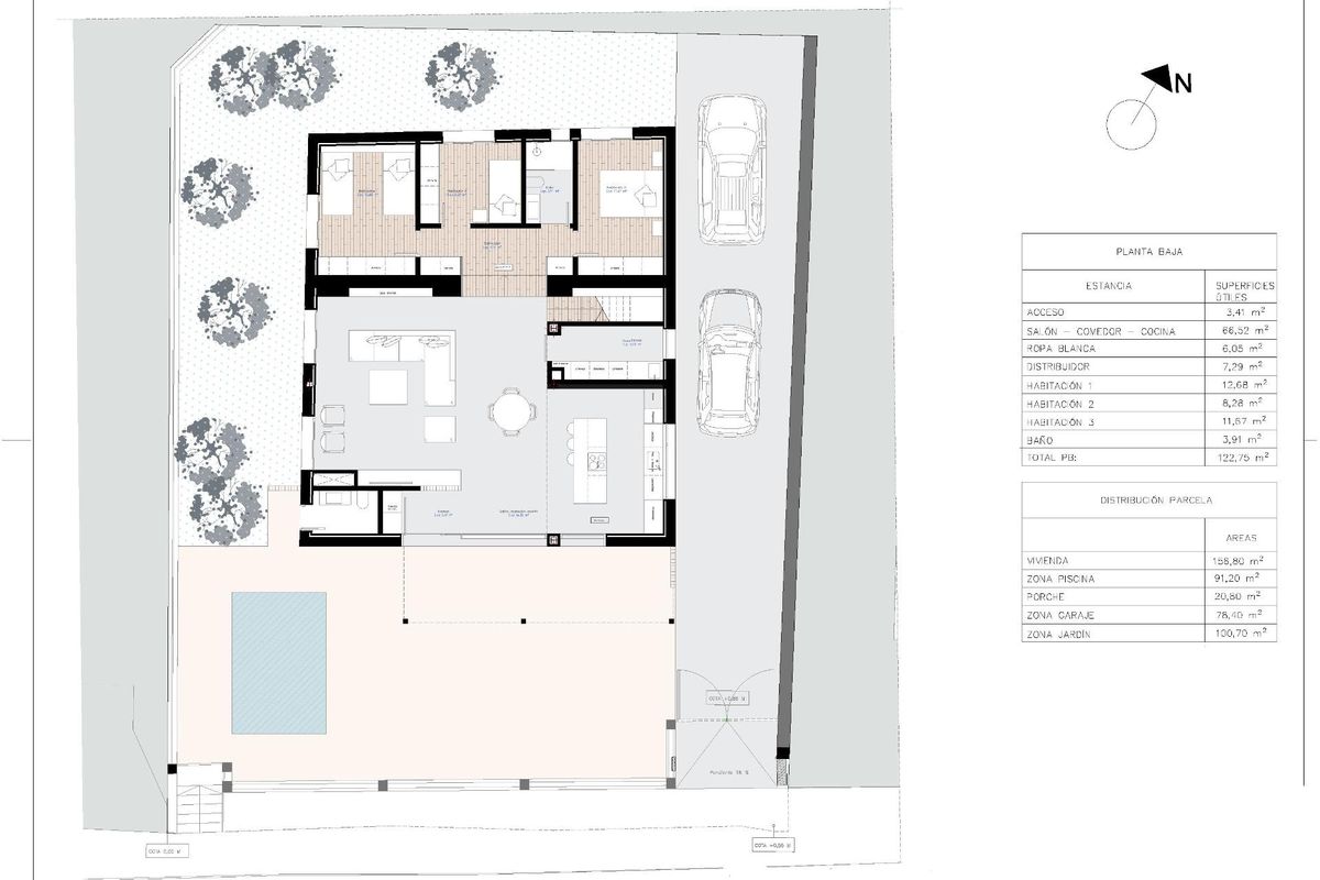 Plattegrond van een moderne 3-slaapkamer villa in Monforte del Cid, met ruime woonruimtes en buitenruimte.