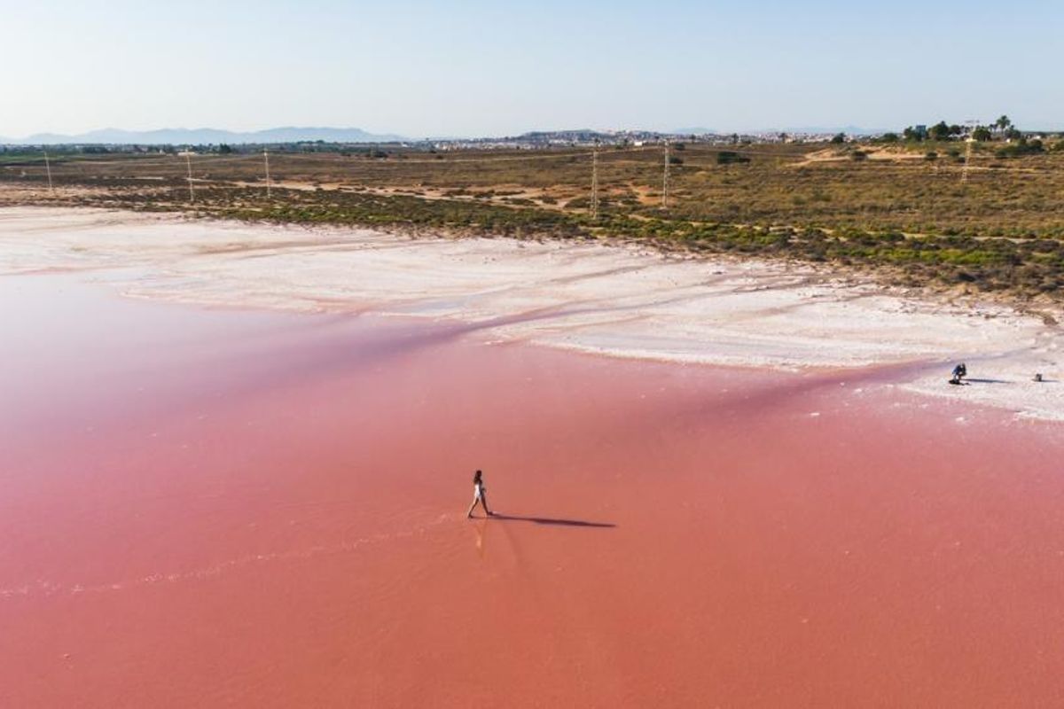 Zoutmeer nabij Torrevieja met een roze tint, wat een prachtig natuurlijk landschap toont.
