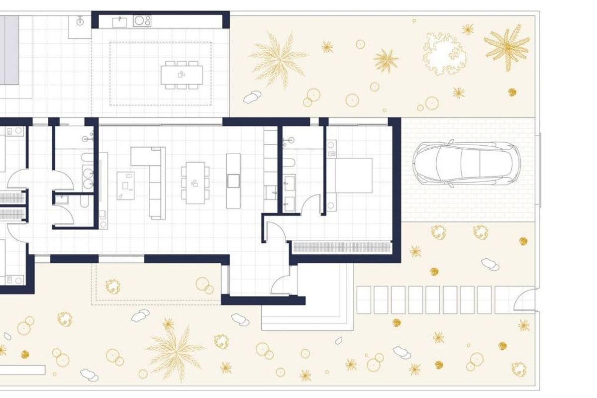 Floorplan of a 3-bed villa with open living and outdoor areas, Baños y Mendigo, Costa Calida, Spain.