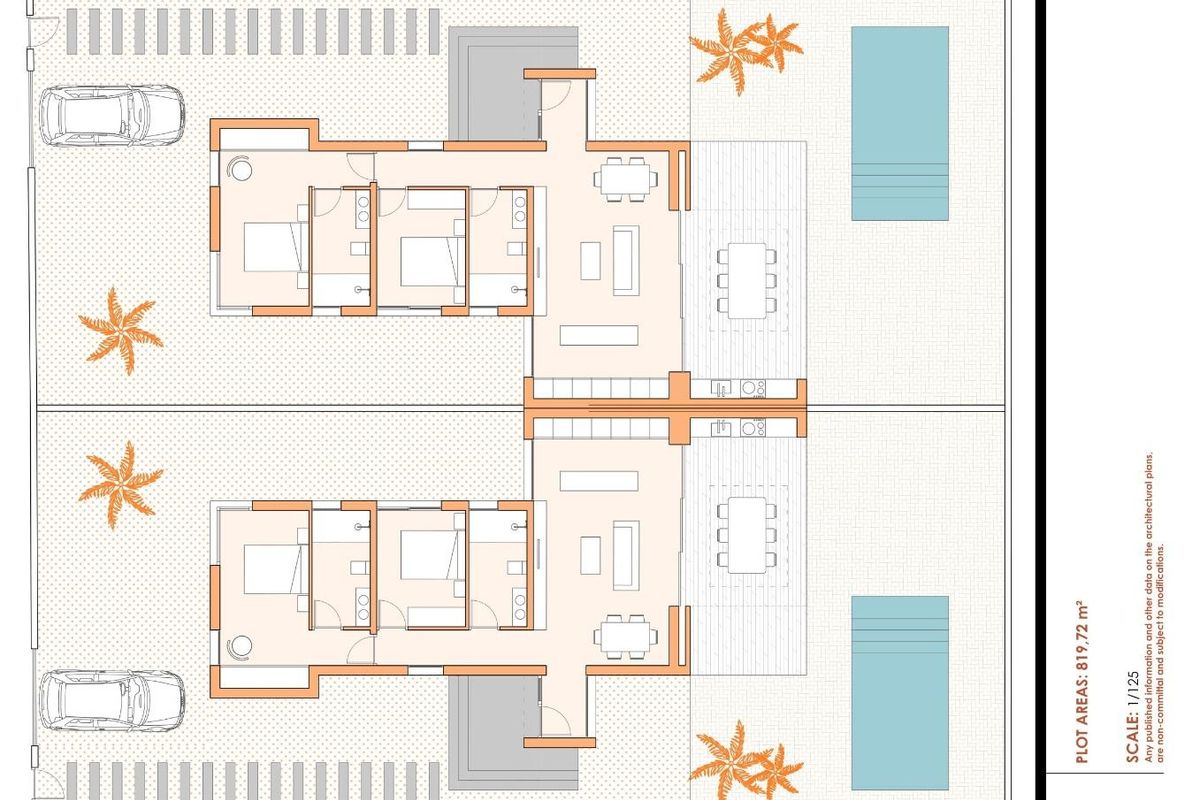 Aerial view floorplan of two 2-bed villas featuring pools and gardens in Baños y Mendigo, Spain.
